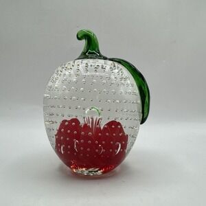 Vintage Joe St Clair Hand‎ Blown Art Glass Apple Paperweight Controlled Bubbles